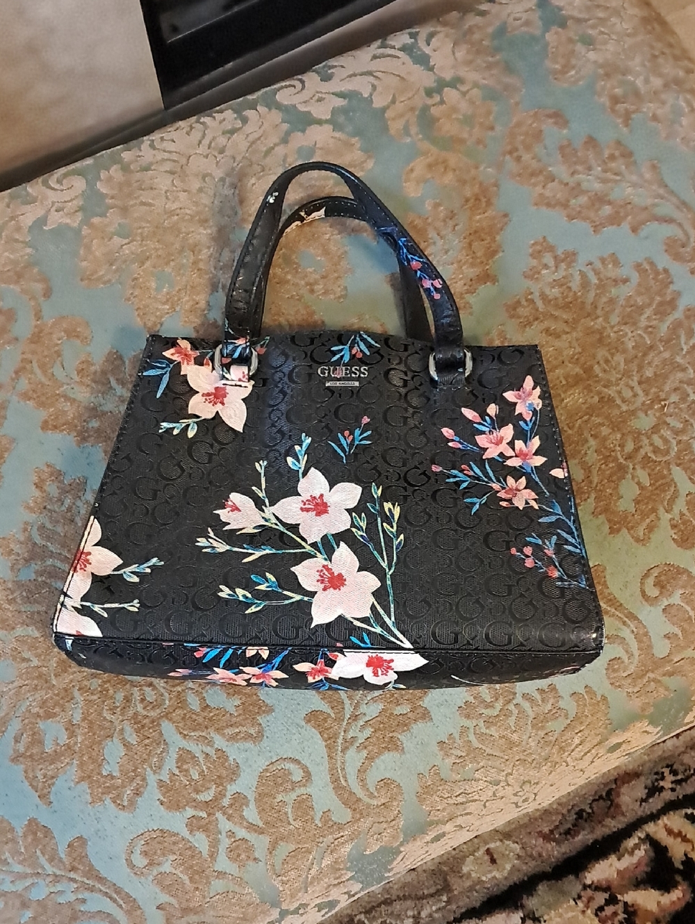 GUESS Black Floral Embossed Satchel with Pink & Blue Accents